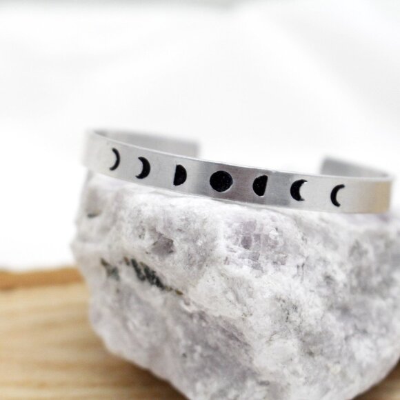 Moon Phases Bangle - Hand Stamped Anodized Aluminum Bangle - Adjustable - Picture 3 of 11